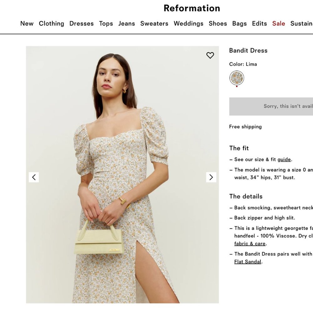 BRAND NWT Reformation Bandit Dress (Yellow Lima Print)